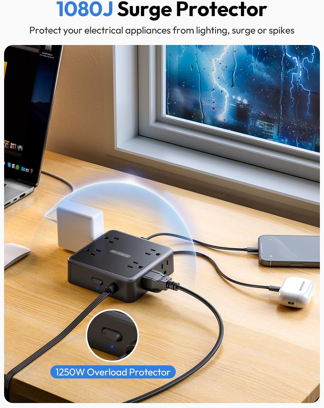 ⚡ Flat Plug Power Strip | 5 Outlets + 4 USB + Surge Guard 🛡️