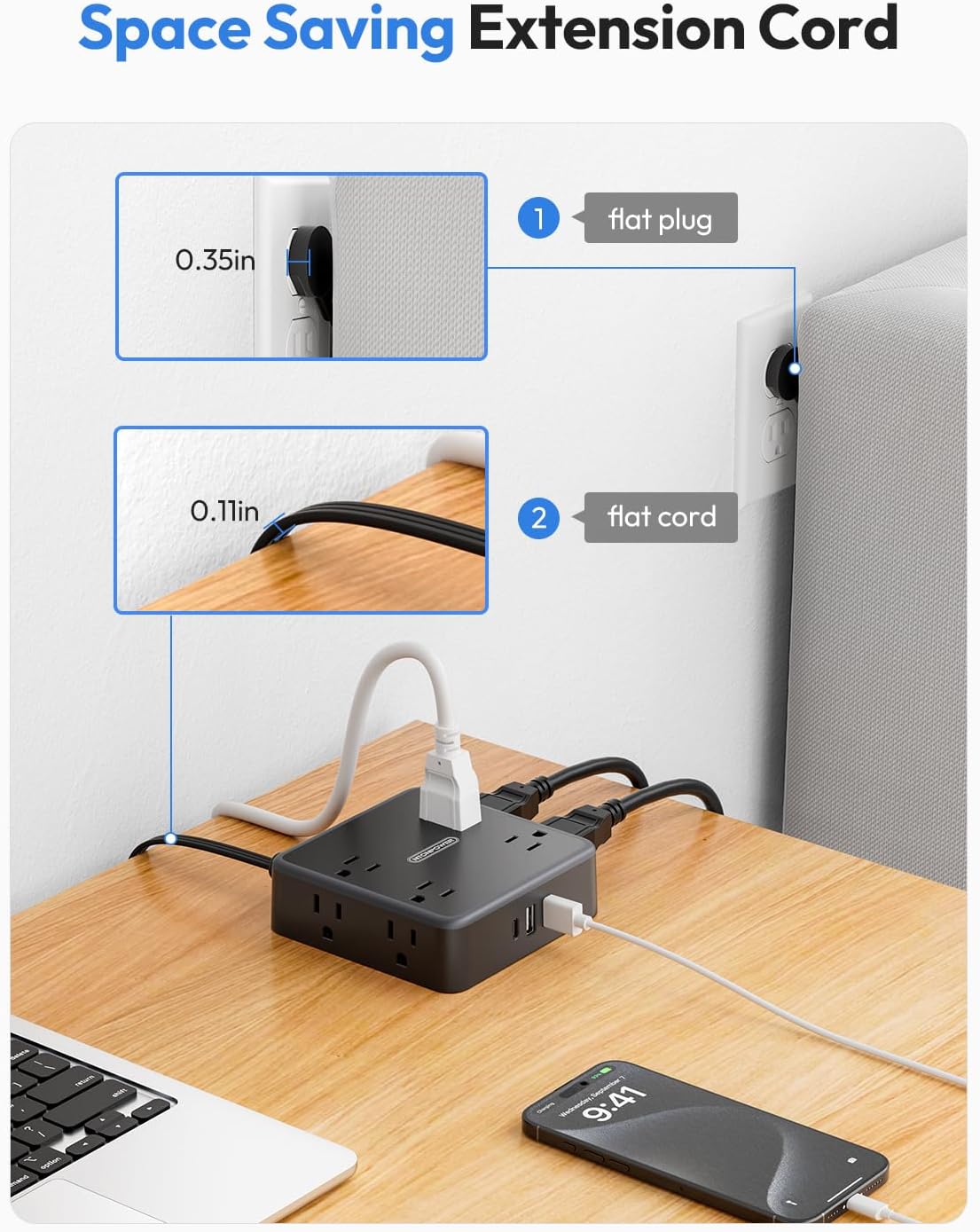 ⚡ Flat Plug Power Strip | 5 Outlets + 4 USB + Surge Guard 🛡️