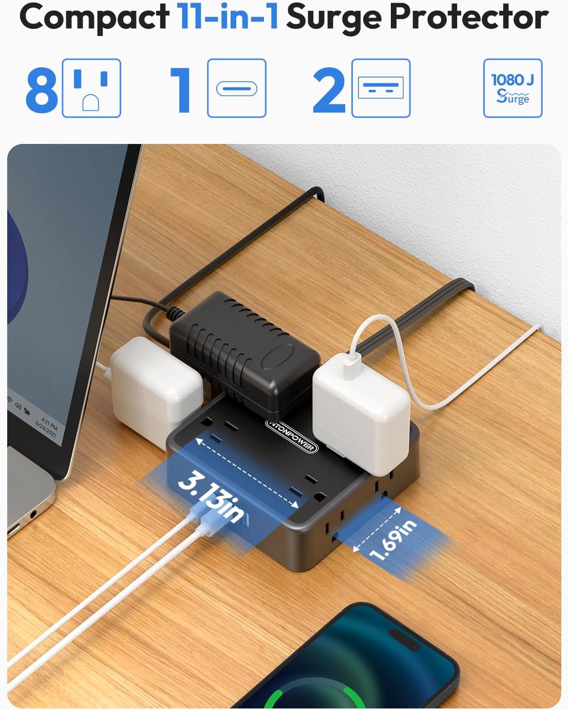 ⚡ Flat Plug Power Strip | 5 Outlets + 4 USB + Surge Guard 🛡️