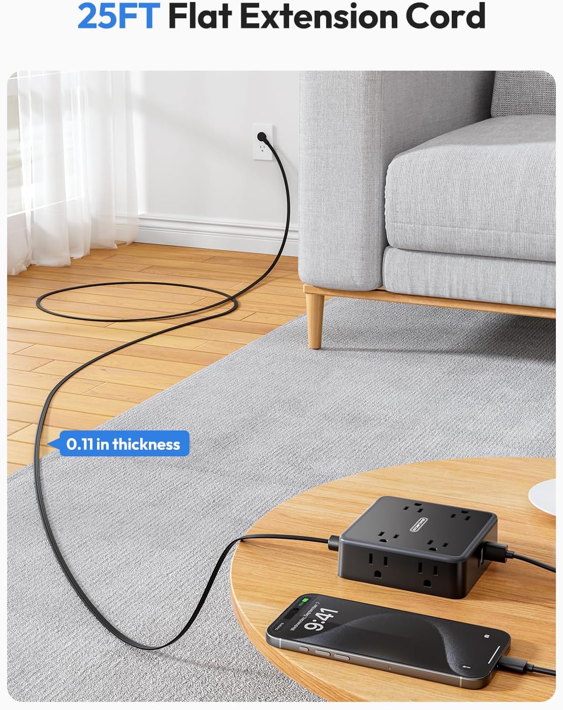 ⚡ Flat Plug Power Strip | 5 Outlets + 4 USB + Surge Guard 🛡️