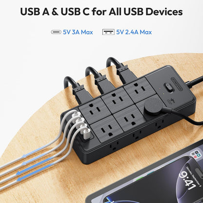 ⚡ Flat Plug Power Strip | 5 Outlets + 4 USB + Surge Guard 🛡️